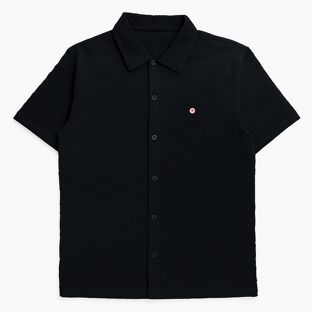 Classic Textured Black Button-Up Polo Shirt โ Premium Knitwear