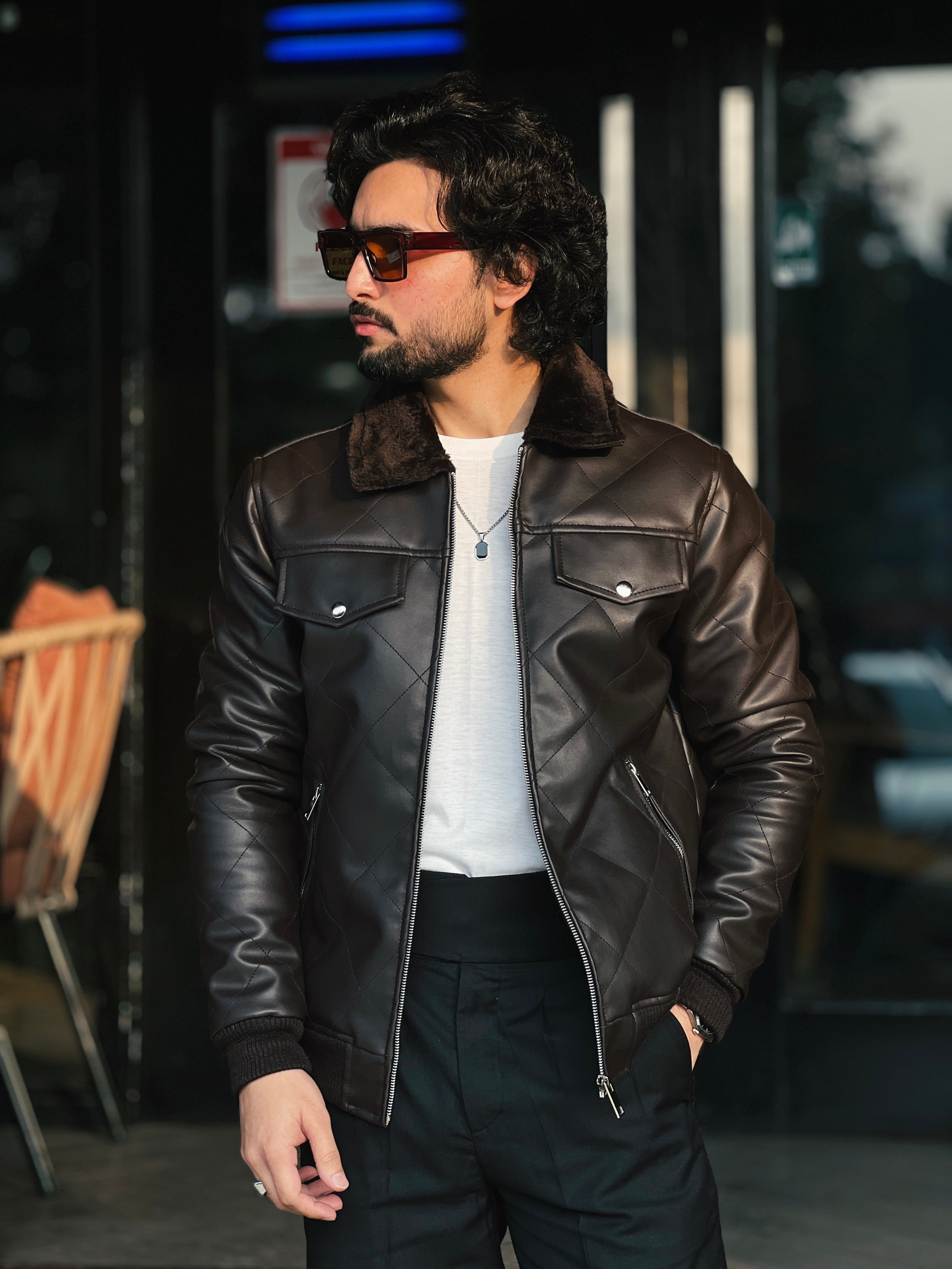 HOLLYWOOD-STYLE COFFEE BROWN DIAMOND-CUT LEATHER JACKET